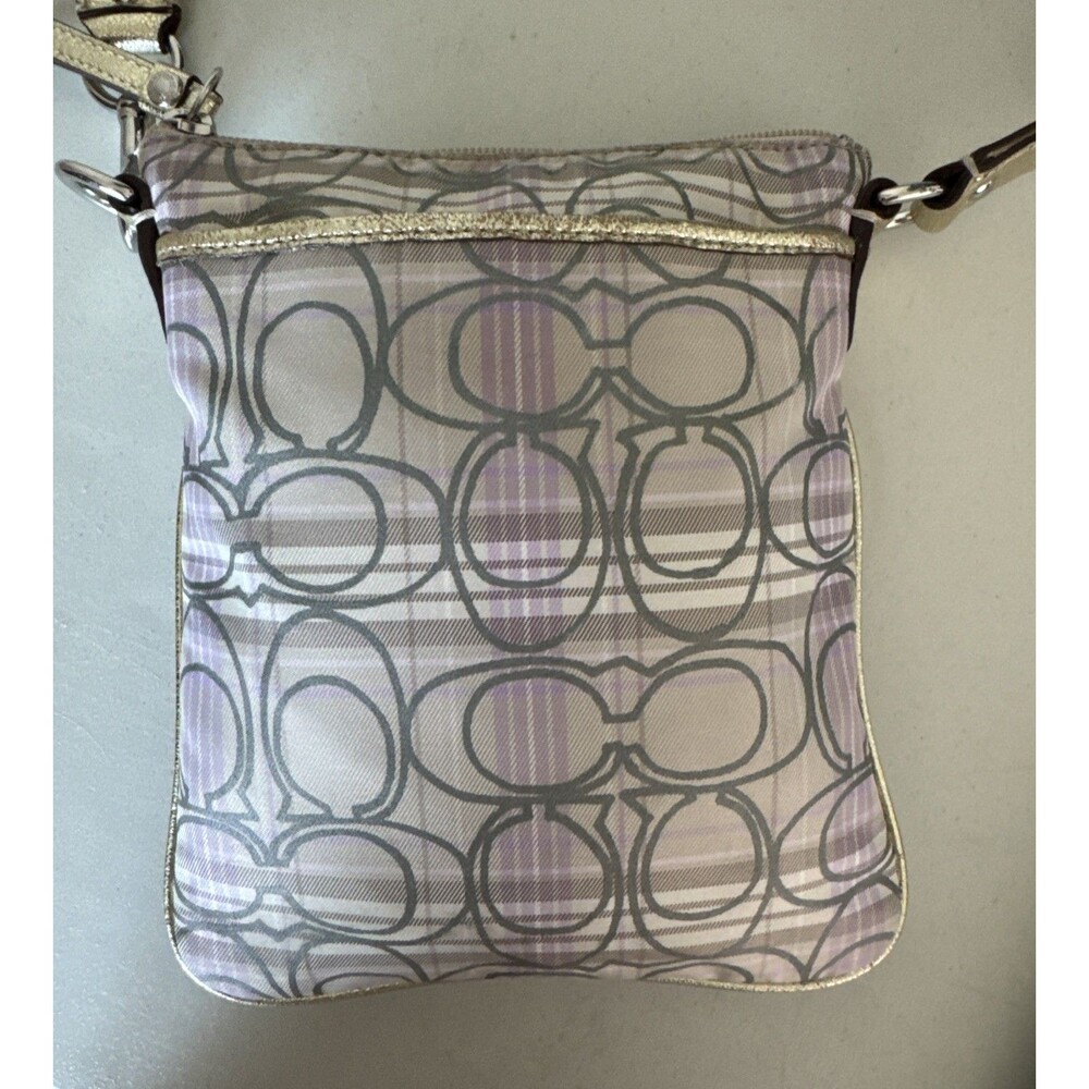 COACH Plaid Tartan Lilac/Khaki with Metallic Gold Trim Cross Body Messenger Bag